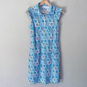 Ibkul Terra Print Sleeveless Ruffle Dress Size XS Seafoam Blue Mandala UPF 50+
